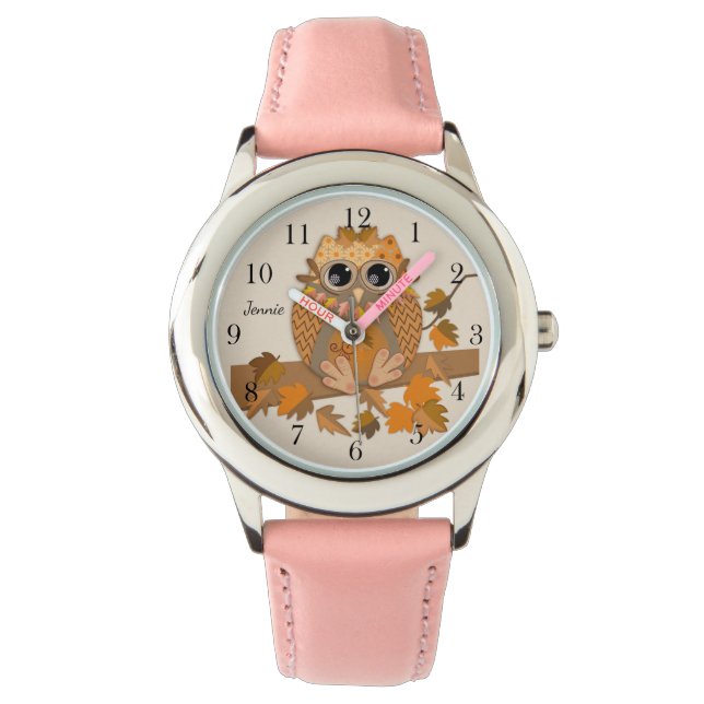 Cute fall owl with custom name abd clock numbers watch (Front)
