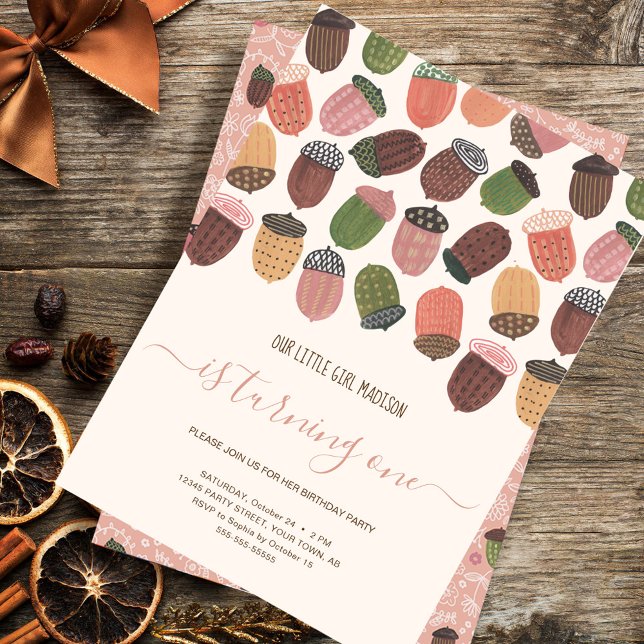 Cute Fall Pink Acorns girl First Birthday Party Invitation (Cute Fall Pink Acorns girl First Birthday Party Invitation)