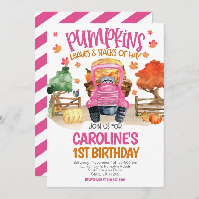 Cute Fall Pink Pumpkin Girls Birthday Invitation (Front/Back)