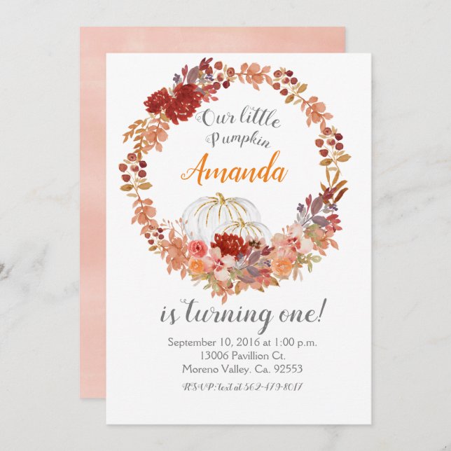 Cute Fall Pumpkin 1st birthday Invitation (Front/Back)
