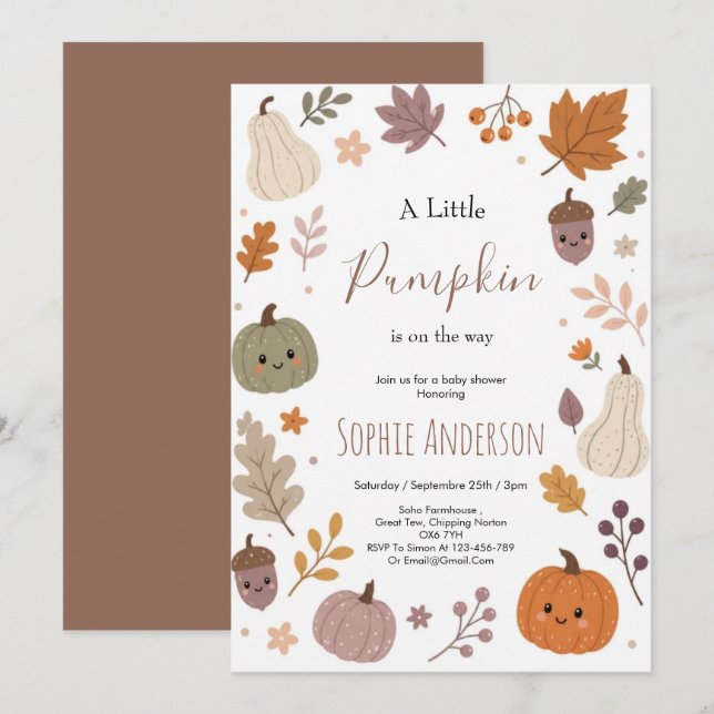 Cute Fall Pumpkin Botonical Foliage Baby Shower  Invitation (Front/Back)