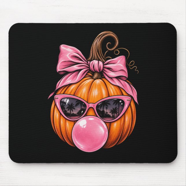 Cute Fall Pumpkin Bubblegum Mouse Pad | Pink Bow  (Front)