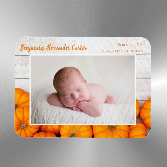 Cute Fall Pumpkin Newborn Photo Birth Announcement Magnet (Creator Uploaded)