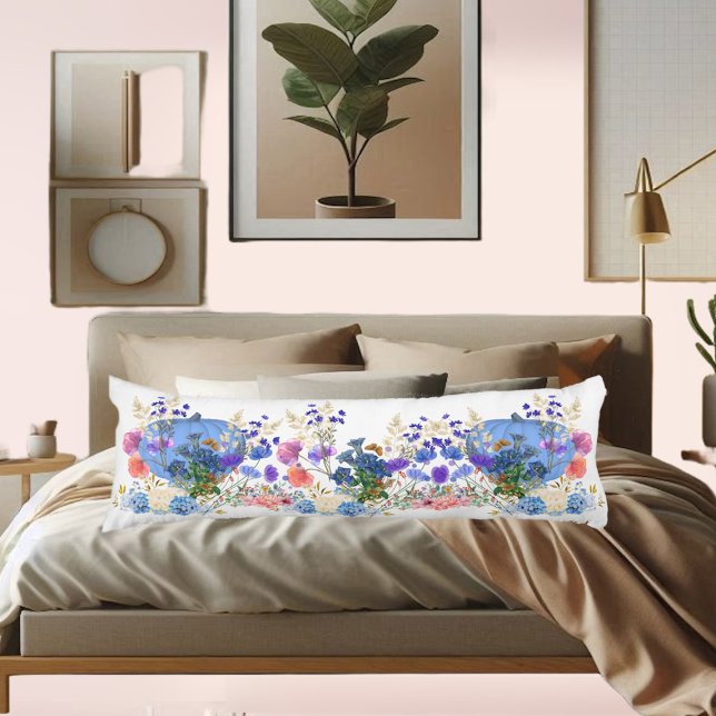 Cute Fall Pumpkin Pastel Blue Botanical Watercolor Body Cushion (Cute Fall Pumpkin Pastel Blue Botanical Watercolor Body Pillow)