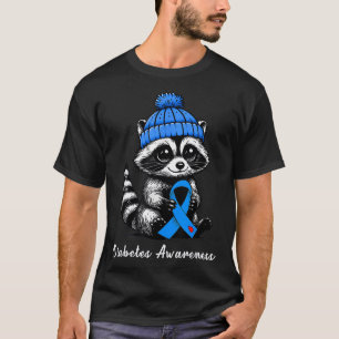 Cute Fall Racoon And Blue Ribbon Diabetes Awarene T-Shirt