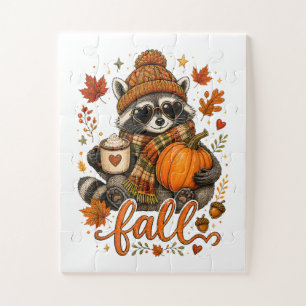 Cute Fall Racoon Pumpkin Autumn Coffee Jigsaw Puzzle