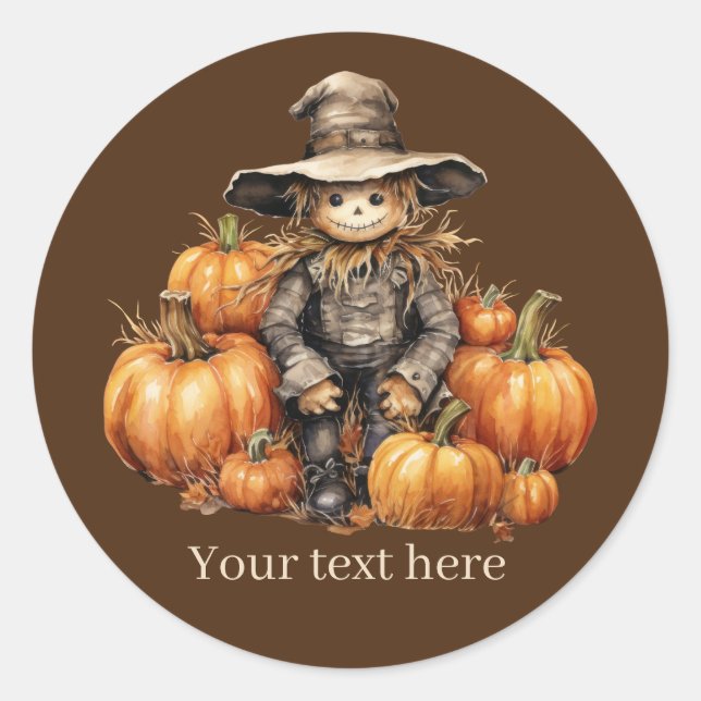 Cute Fall Seasonal scarecrow add text pumpkin  Classic Round Sticker (Front)