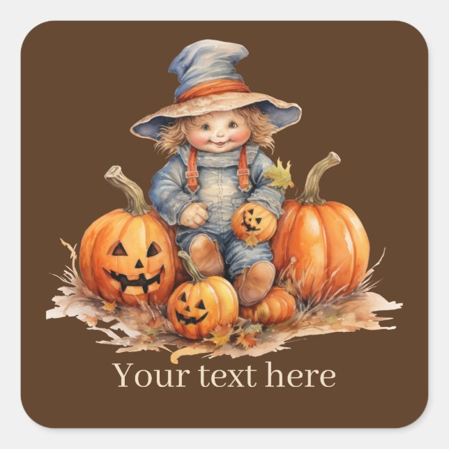 Cute Fall Seasonal scarecrow add text pumpkin  Square Sticker (Front)