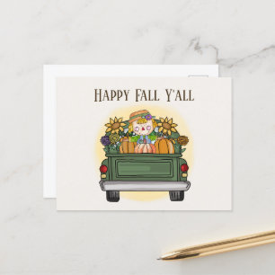 cute Fall Seasonal scarecrow truck add text Postcard
