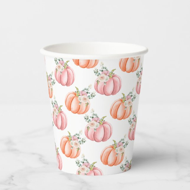 Cute Fall Soft Pink and Orange Floral Pumpkin Paper Cups (Front)