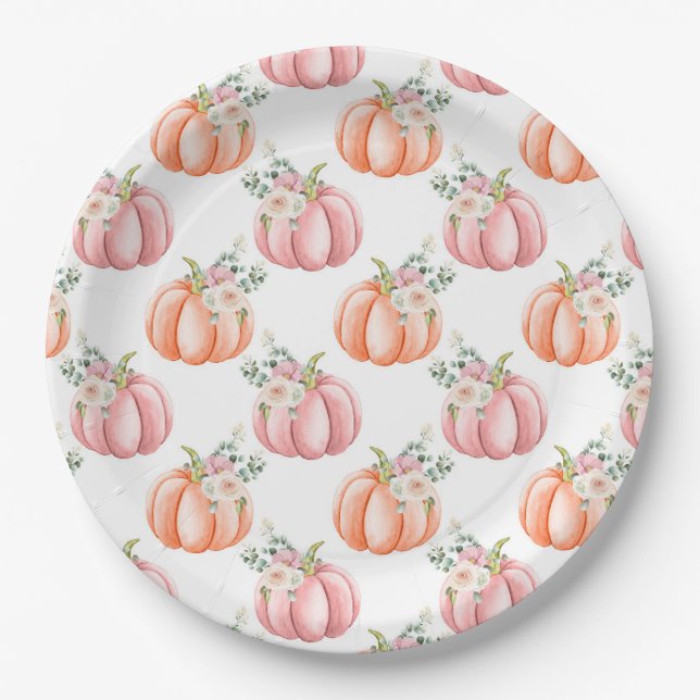 Cute Fall Soft Pink and Orange Floral Pumpkin Paper Plate (Front)