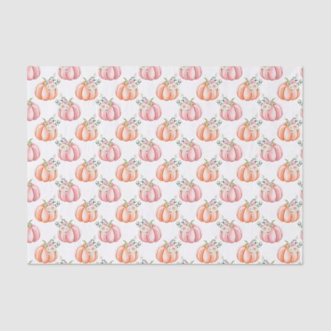 Cute Fall Soft Pink and Orange Floral Pumpkin Tissue Paper (Front)