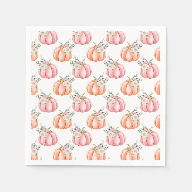 Cute Fall Soft Pink and Orange Floral Pumpkins Napkin (Front)