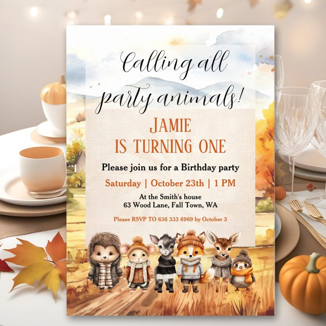 Cute Fall Woodland Animals 1st Birthday Invitation (Cute Fall Woodland Animals 1st Birthday Invitation)