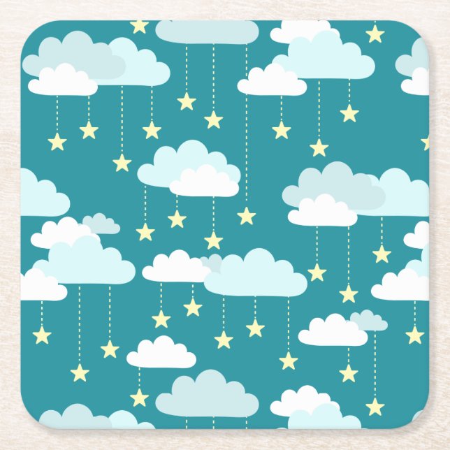 Cute Falling Stars & Clouds Pattern Square Paper Coaster (Front)