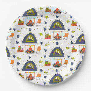 Cute family camping bonfire & tent grass round paper plate