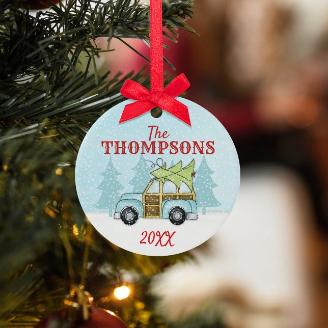 Cute Family Christmas Keepsake Custom Metal Tree Decoration (Cute whimsical blue car Christmas tree ornament with Christmas tree. )