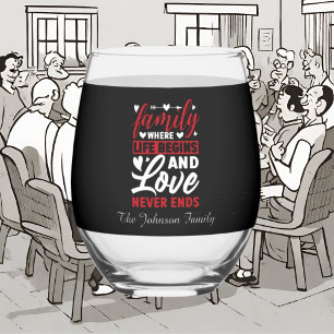 Cute Family love add name date Stemless Wine Glass