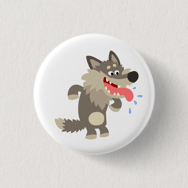 Cute Famished Cartoon Wolf Button Badge (Front)