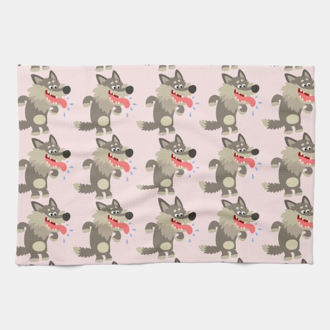 Cute Famished Cartoon Wolf Kitchen Towel (Horizontal)