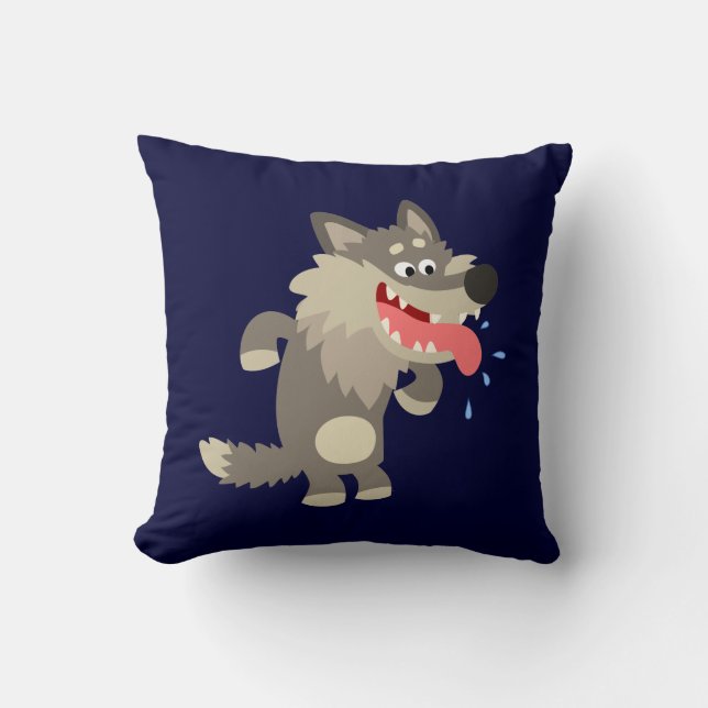 Cute Famished Cartoon Wolf Pillow (Front)