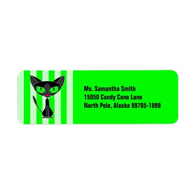 Cute Fancy Black Cat Green Return Address Label (Front)
