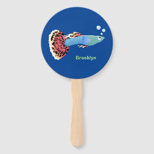 Cute fancy guppy tropical fish cartoon hand fan