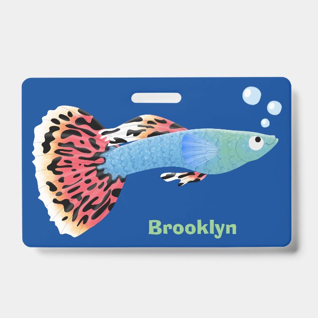 Cute fancy guppy tropical fish cartoon ID badge (Front)