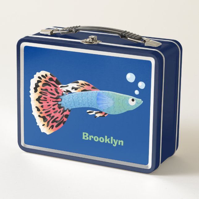 Cute fancy guppy tropical fish cartoon  metal lunch box (Front)