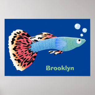 Cute fancy guppy tropical fish cartoon poster