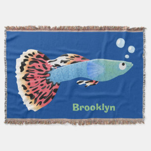 Cute fancy guppy tropical fish cartoon throw blanket