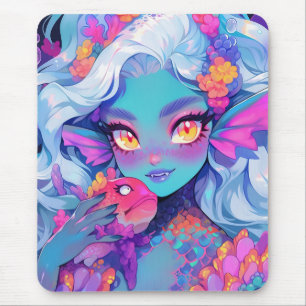 Cute Fanged Mermaid Anime Girl and Pet Fish Mouse Pad