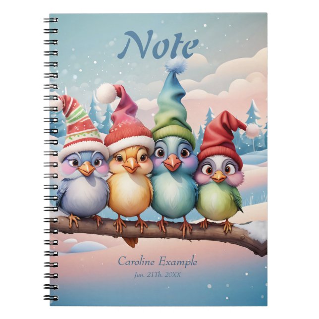 Cute fantasy birds with Christmas hats Notebook (Front)