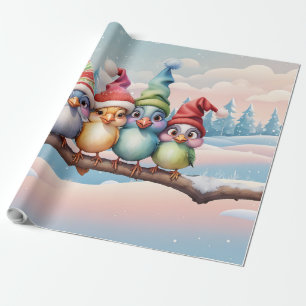 Cute fantasy birds with Christmas hats. Wrapping Paper