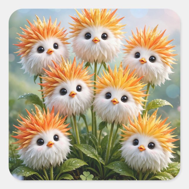 Cute Fantasy Chick Flowers Garden Square Sticker (Front)