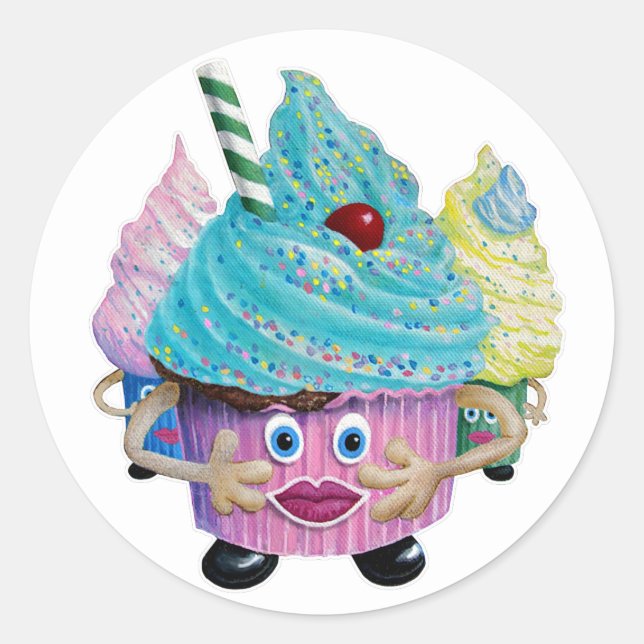 Cute Fantasy Creatur Cupcakes Illustrated Classic Round Sticker (Front)