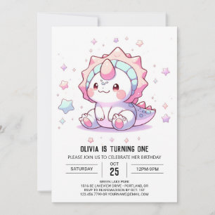 Cute Fantasy Dinosaur 1st Birthday Invitation