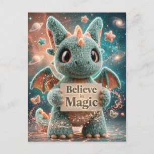 Cute Fantasy Dragon Plush Holding Believe in Magic Holiday Postcard