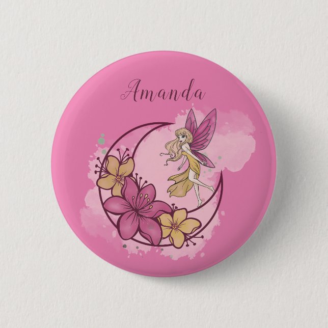 Cute Fantasy Fairy on The Moon Custom Pink Button (Front)