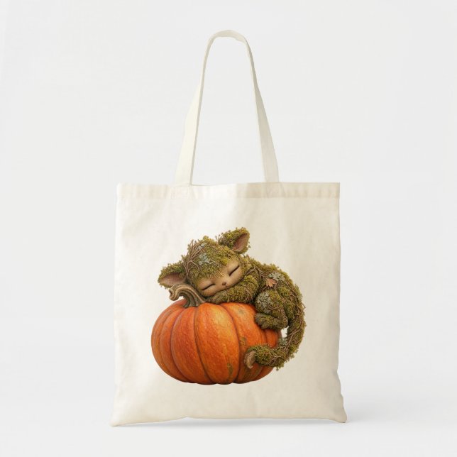 Cute Fantasy Moss Creature Hugging Pumpkin Tote Ba Bag (Front)