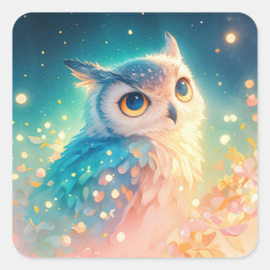 Cute Fantasy Owl with Large Blue Eyes Square Sticker