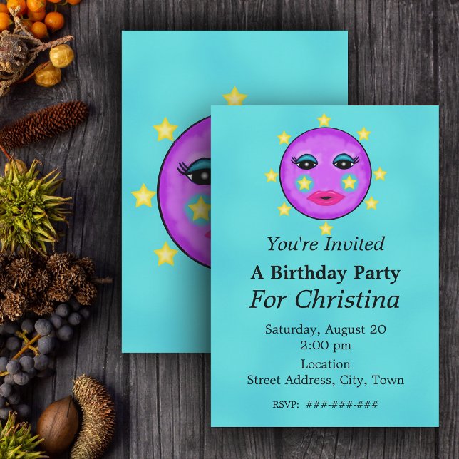 Cute Fantasy Purple Moon Face Stars Birthday Invitation (Cute Purple moon with face circled with stars on Aqua blue Birthday party invitations.)