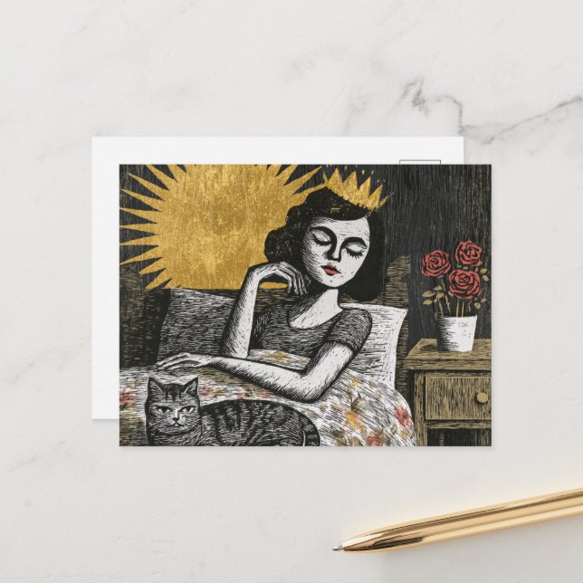 Cute Fantasy Queen and Her Cat in Bed Postcard (Front/Back In Situ)