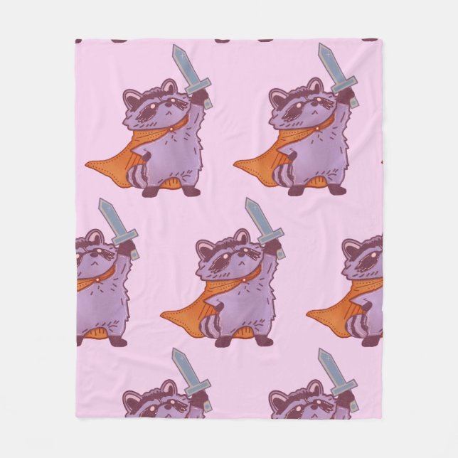 Cute Fantasy Racoon Warrior with Sword and Cape Fleece Blanket (Front)