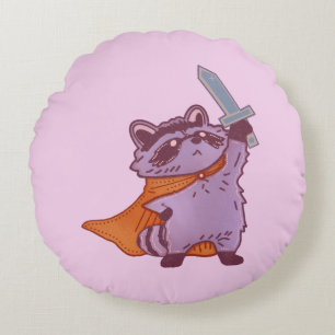 Cute Fantasy Racoon Warrior with Sword and Cape Round Cushion