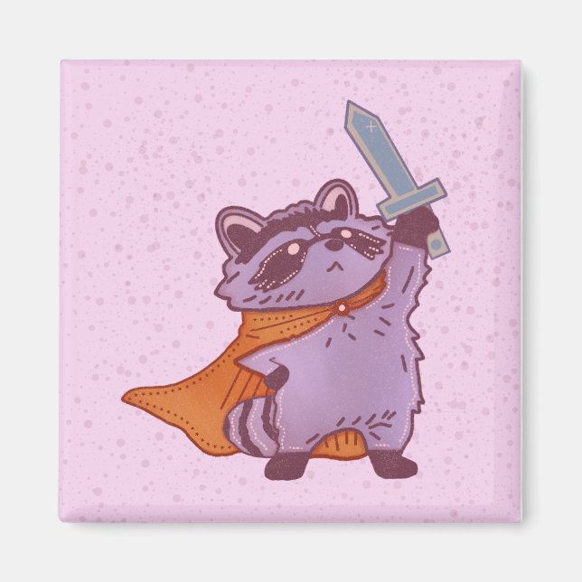 Cute Fantasy Racoon Warrior with Sword & Cape Magnet (Front)