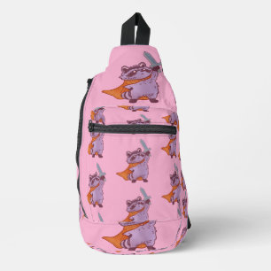 Cute Fantasy Racoon Warrior with Sword & Cape Sling Bag