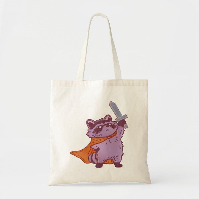 Cute Fantasy Racoon Warrior with Sword & Cape Tote Bag (Front)