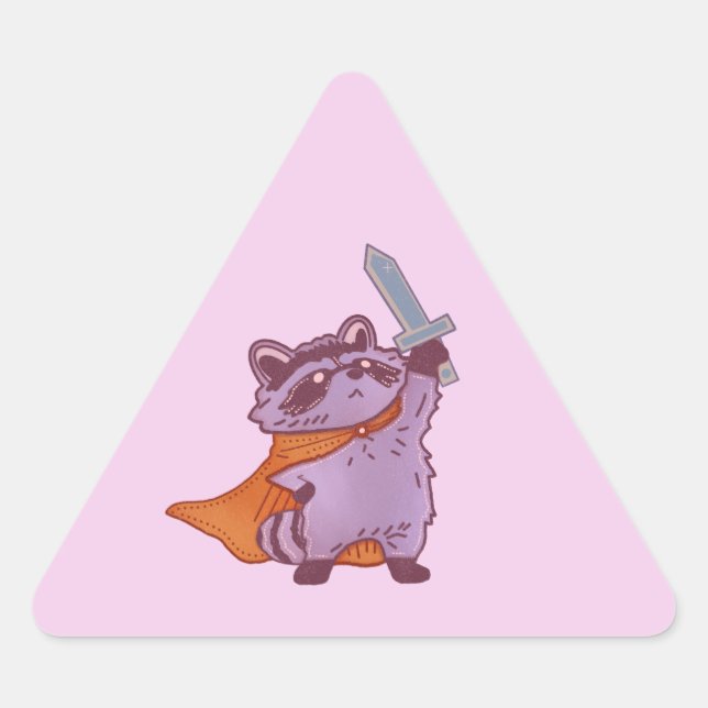 Cute Fantasy Racoon Warrior with Sword & Cape Triangle Sticker (Front)