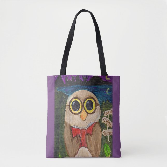 Cute Fantasy Reader Owl Folk Art Tote Bag (Front)